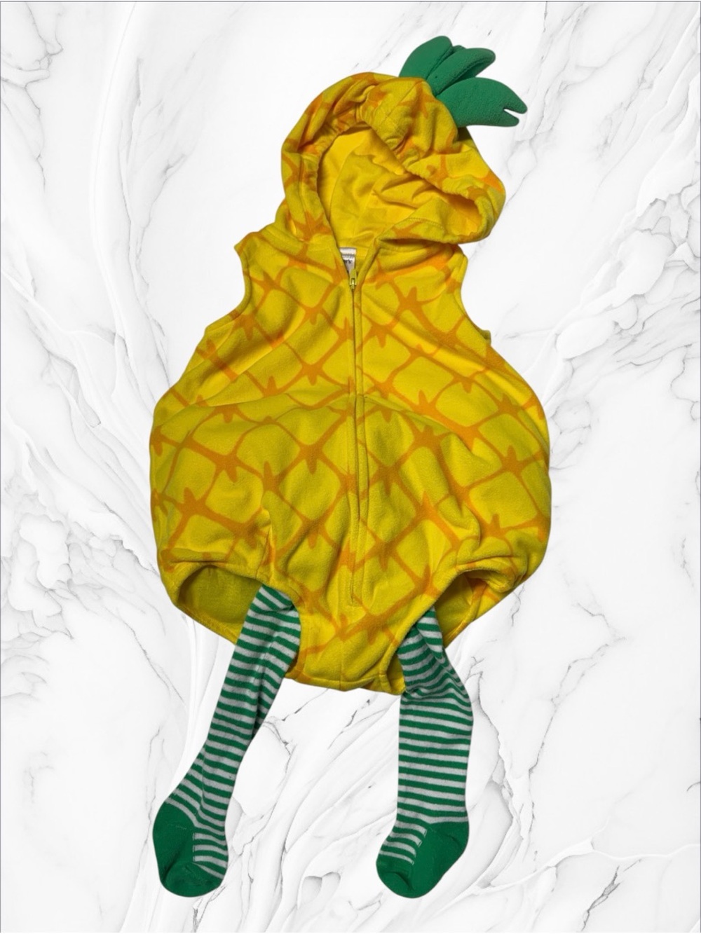 Carter’s Yellow Pineapple One-Piece Hooded Costume with green striped tights 18m